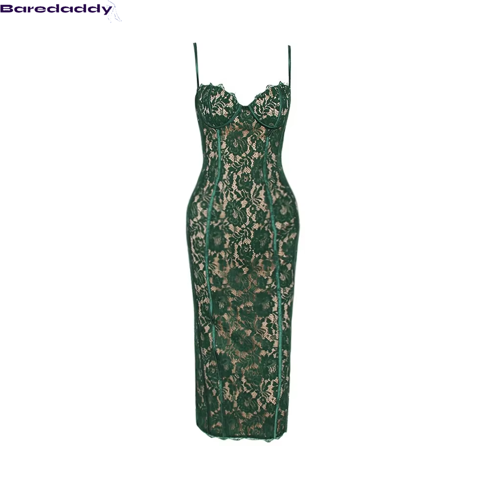 Summer Midi Green Dress Elegant Spaghetti Strap