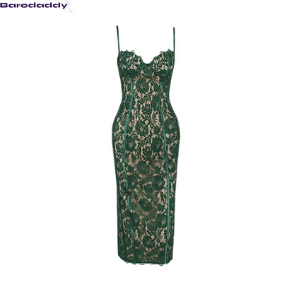 Summer Midi Green Dress Elegant Spaghetti Strap