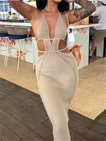 Baredaddy Halter Tie-Up Knit Crochet  Bodycon Dress