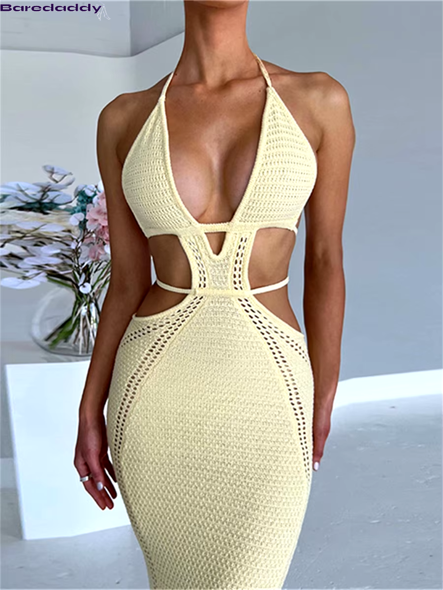 Baredaddy Halter Tie-Up Knit Crochet  Bodycon Dress