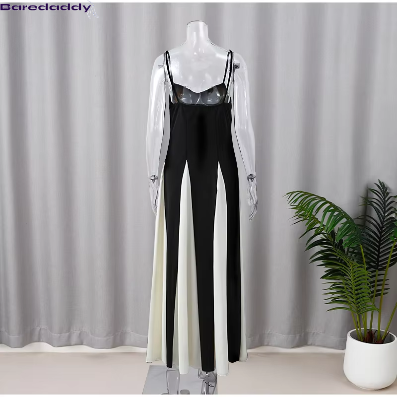 Elegant Black White Contrasting Women Sling Dress